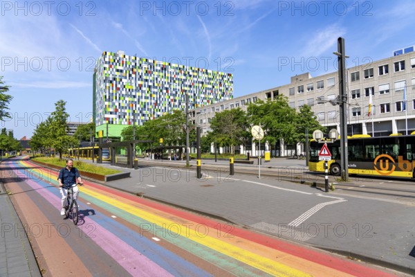 Rainbow cycle path through the university campus in Utrecht Science Park, 570 metres long, Utrecht