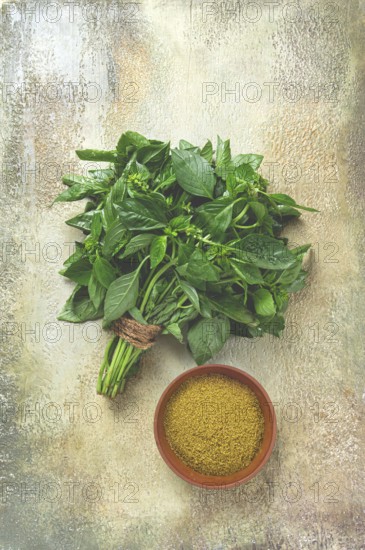 Ground green basil, in a ceramic bowl, with a bouquet of fresh green basil, on the table, top view,