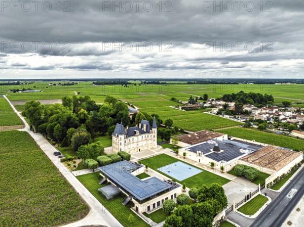 Chateau Pichon Longueville Baron Vineyard and grape fields around Pauillac from a drone, Bordeaux,