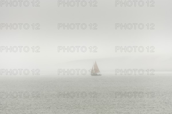 A sailing boat is travelling on the ocean on a cloudy day. The sky is overhanging and the water is