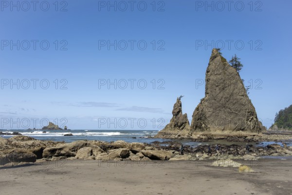 Large rocks protrude from a sandy beach against a clear blue sky, people walk along the shore,