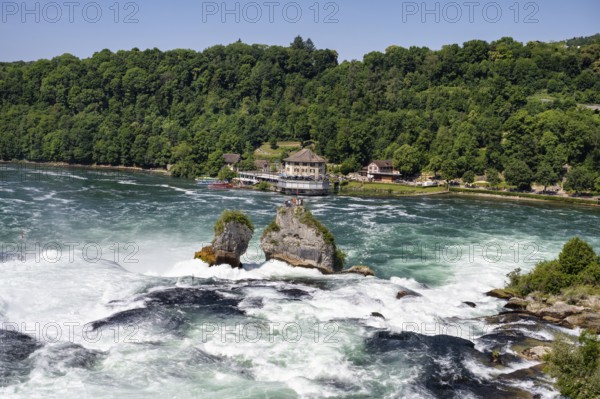 Der Rheinfall bei Schaffhausen mit dem Panoramarestaurant Schlössli Wörth, Neuhausen, Kanton