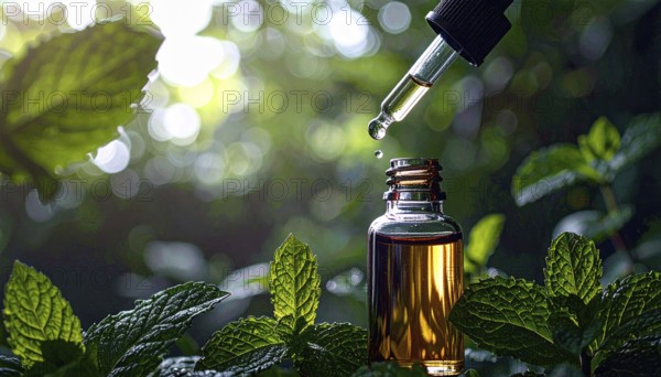 Bottle of mint oil on nature background, dropper isolated with copy space, AI generated