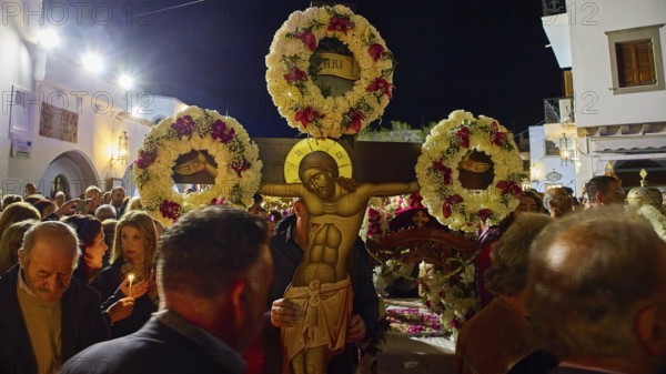 Good Friday, Epitaphios, funeral procession, night procession with an image of Christ surrounded by