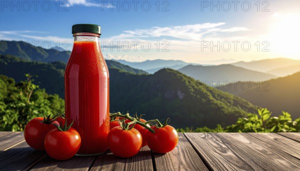 Bottle of fresh tomato juice on table, space for text, refreshing drink and vegetables from red