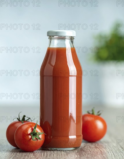 Bottle of fresh tomato juice on table, space for text, refreshing drink and vegetables from red