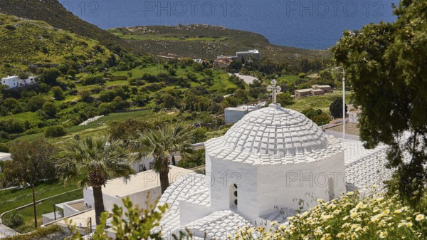 Cross-domed church Panagia Diasosousan, Moni Evangelismou, monastery, church in Mediterranean