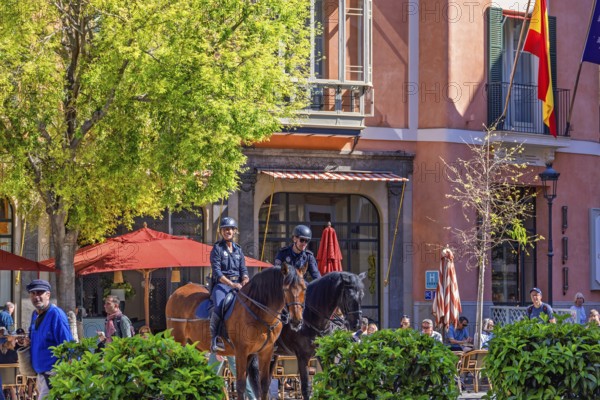 Horses with mounted police in a city square with people and houses with restaurants, Palma de