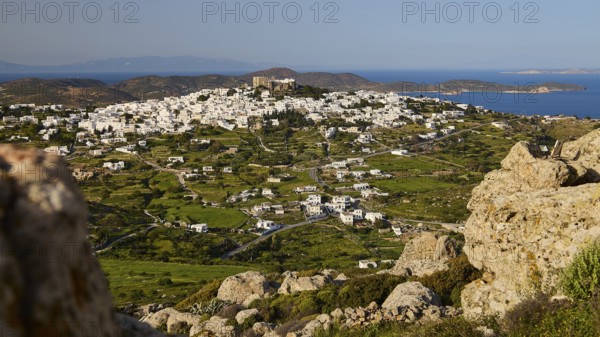 Rocky landscape with panoramic view of a village and the sea, Monastery of St John the Theologian,