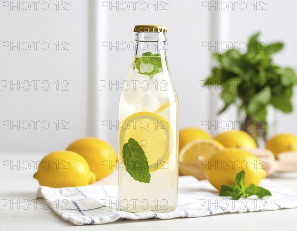 Bottle of fresh cold sparkling water lemonade with ice and lemon slices, mint, summer drink,