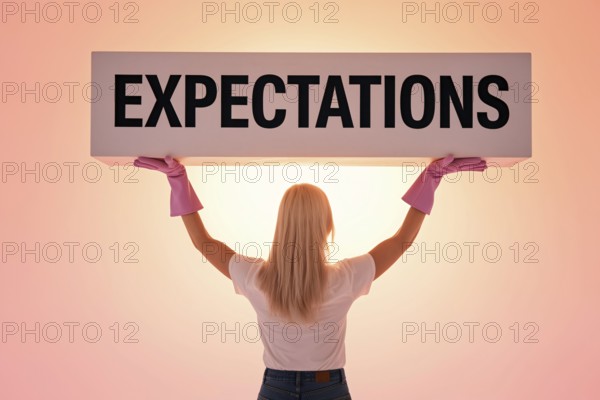 Back view of woman lifting block labeled expectations. symbolizing social pressure and gender