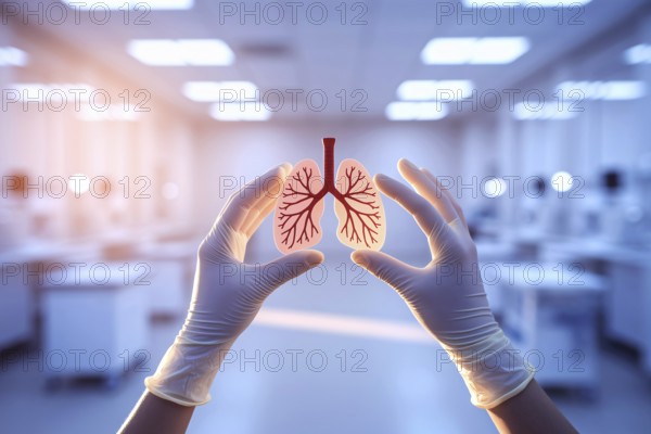 Gloved hands holding lung model in warm-lit hospital setting, symbolizing respiratory health and
