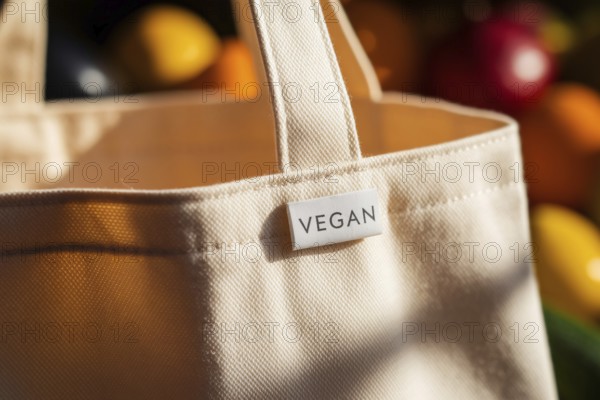 Close-up of reusable cotton grocery bag with vegan label in warm light, with blurred fruits and