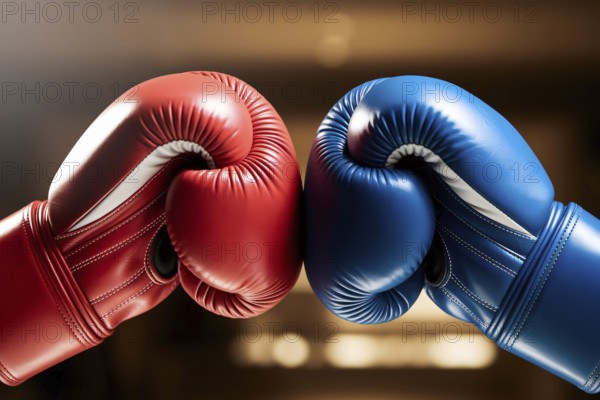 Close up of red and blue boxing gloves facing each other, symbolizing international conflict and