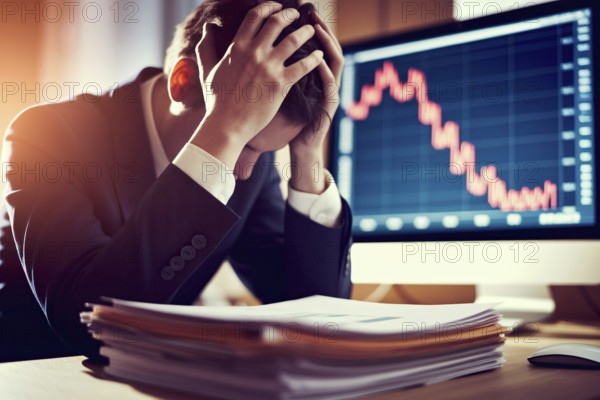 Male investor stressed out by stock market crash. Concept of financial loss, economic downturn, and