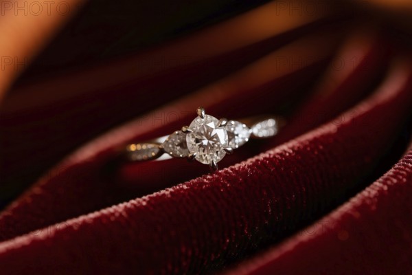 Close-up of diamond ring on red velvet with soft warm lighting and luxurious texture. Generative