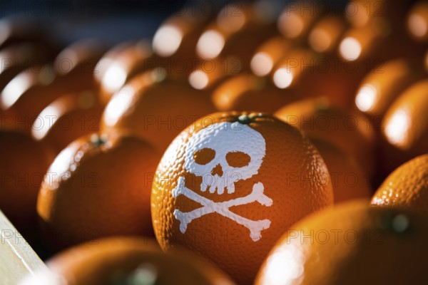 Macro close-up of ripe orange with painted skull symbol in rustic crate, illustrating pesticide