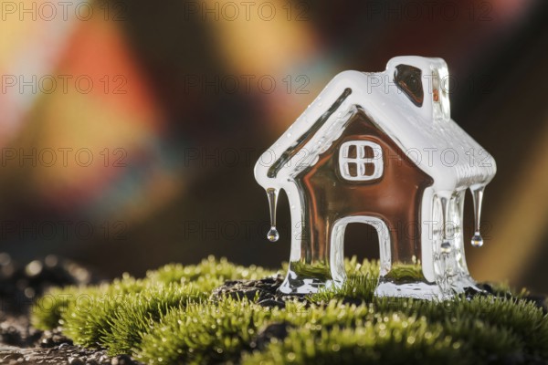 Melting ice sculpture of small house dripping onto moss in warm light, symbolizing climate change