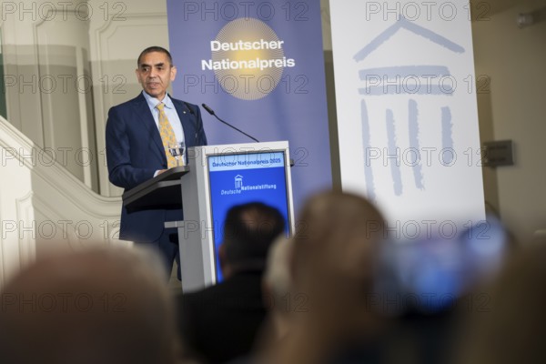 Ugur Sahin (founder of Biontech SE) gives an acceptance speech after receiving the German National