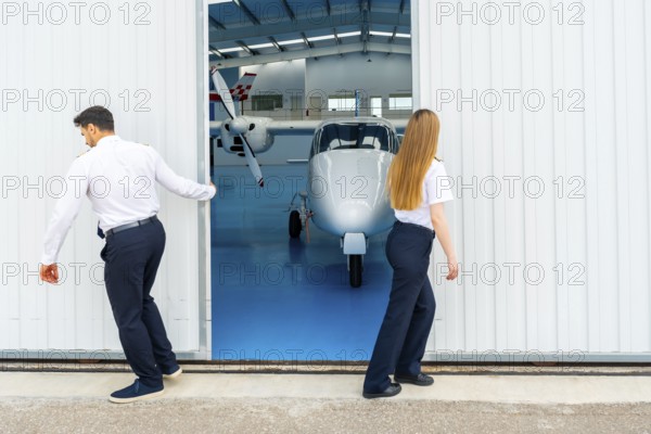 Two pilots are opening the hangar door, revealing a small airplane parked inside on a bright blue
