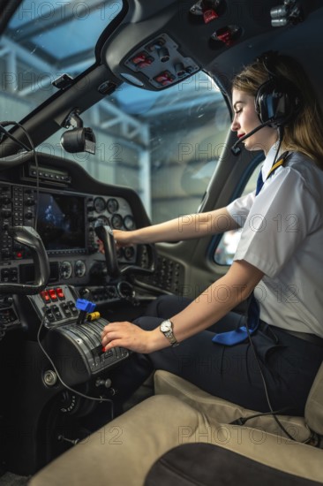 Confident female pilot skillfully operating controls of a modern aircraft within the cockpit,