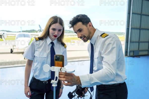 Two pilots are using a smartphone and anemometer to check weather conditions inside an aircraft