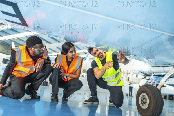Maintenance team examining underside of aircraft during pre flight check, ensuring safety and