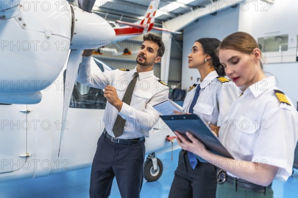 Professional pilots and aviation crew performing detailed inspection and maintenance on a small