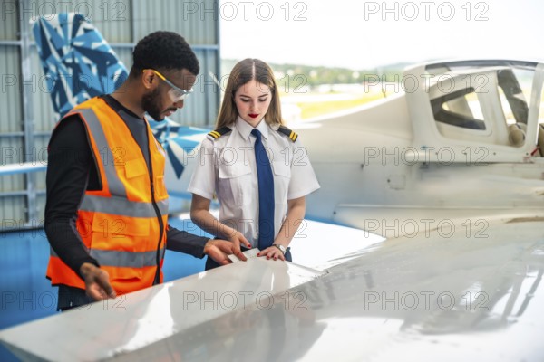 Aircraft maintenance engineer and a female pilot are inspecting the wing of a small airplane inside