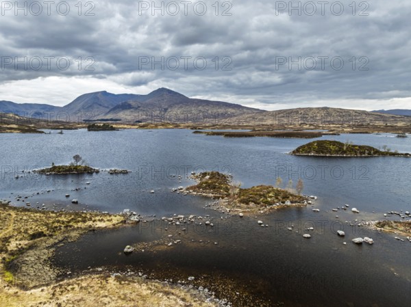 Rannoch Moor from a drone over Loch Ba and Loch of the Armpit, A82 Highland Way, Argyll and Bute,