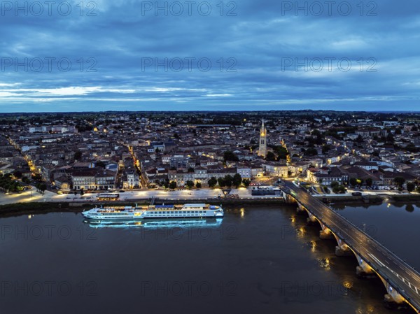 Night over Libourne from a drone, Gironde, Nouvelle-Aquitaine, Saint-Émilion and Pomerol,