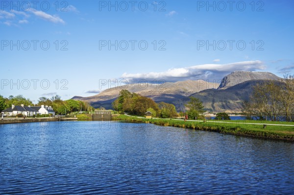 Caledonian Canal, Caol Beach and Nevis Range Mountains, Corpach, Fort William, Highland, Scotland,