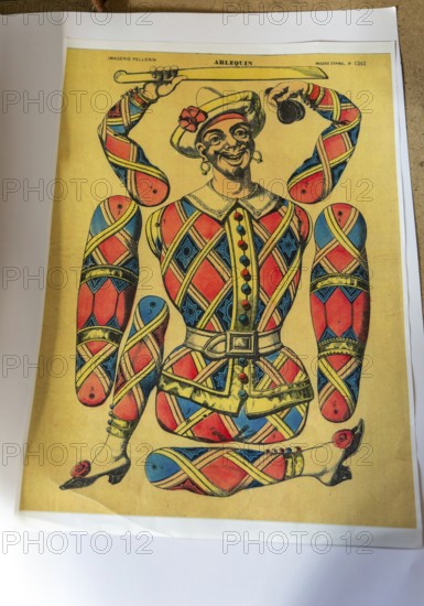 Vintage French colour print Arlequin or Harlequin, Imagerie Pellerin cut-out paper doll figure, c