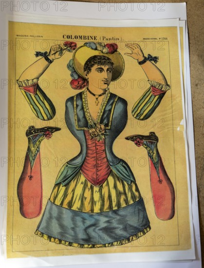 Vintage French colour print poster Colombine Pantin, Imagerie Pellerin, paper cut out doll figure c