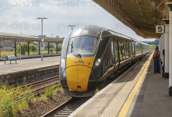GWR British Rail Class 800 Inter City Express train arriving at platform, Taunton railway station,