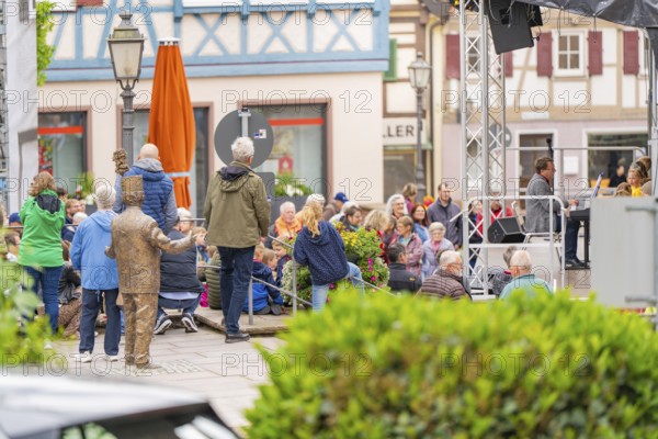 Lively market square with an event, many people gathered in front of half-timbered houses, family