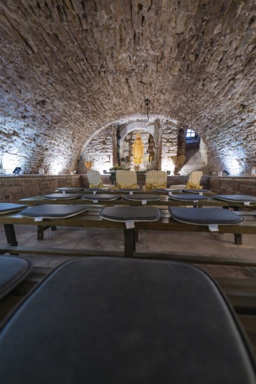 Vaulted cellar with sculpture, surrounded by stone walls and illuminated, sacred ambience, registry