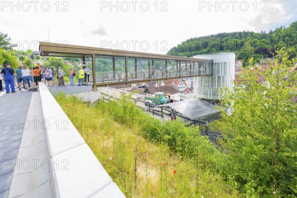 People standing on a modern bridge with city and green views, Zob extension with bridge