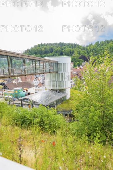 A modern bridge structure in a green landscape with a town in the background, Zob extension with