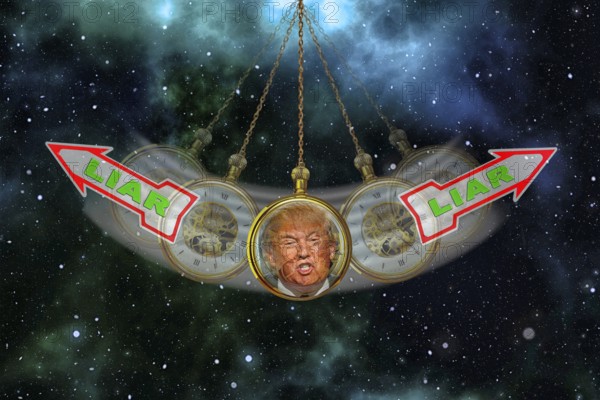 Symbolic image, Trump as a notorious liar in pendulum clock, wrong decisions, genius mania,