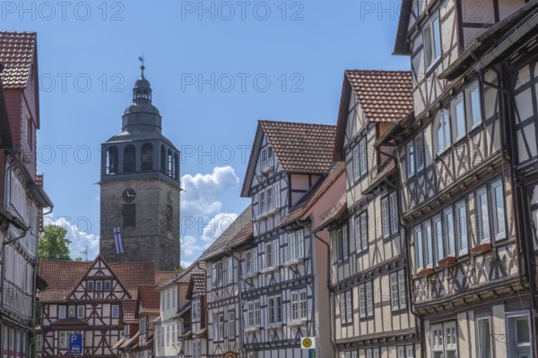 Kirchstrasse with a view of St. Crucis Church, Bad Sooden, Allendorf, Allendorf district, historic