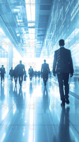 Business, abstract background, blur computer code, silhouette of walking people in a hall, blue