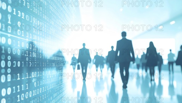 Business, abstract background, blur computer code, silhouette of walking people in a hall, blue