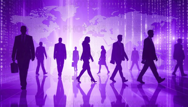 Business, abstract background, blur computer code, silhouette of walking people in a hall, purple