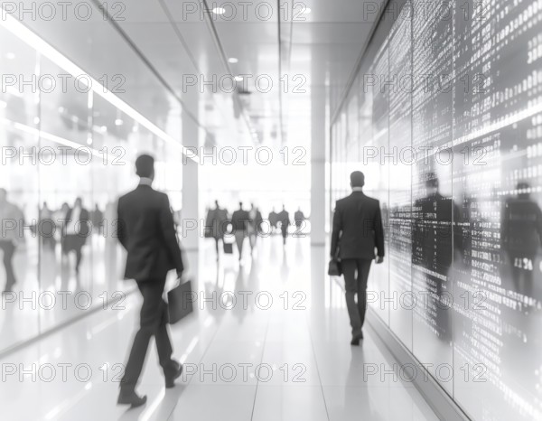 Business, abstract background, blur computer code, silhouettes of walking people, monochromatic