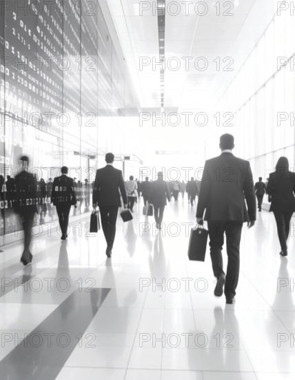 Business, abstract background, blur computer code, silhouettes of walking people, monochromatic