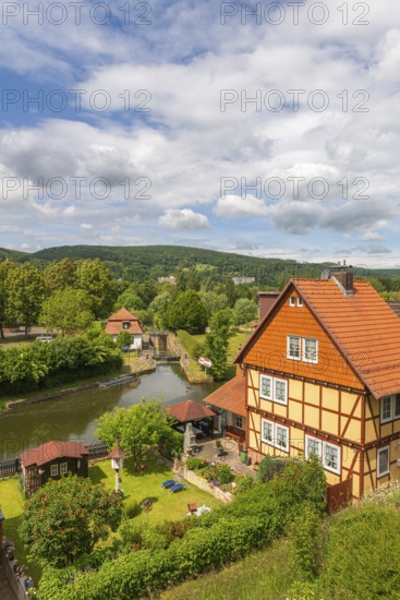 Lock system of the Werra with lock house, old fishermen's settlement, Bad Sooden, Allendorf,