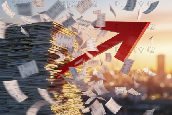Red arrow crashing through flying financial documents. Concept of economic disruption, market