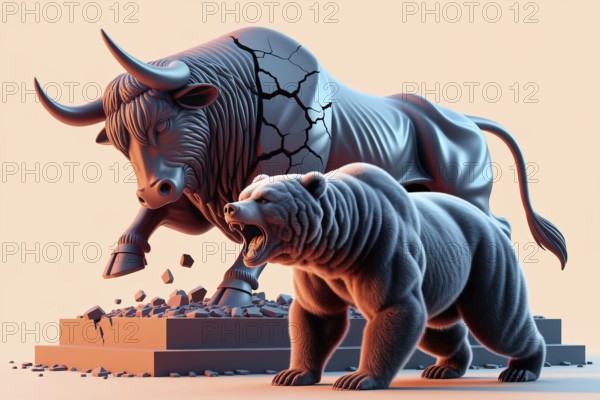 Roaring bear in golden light as bull statue crumbles. Concept of market shift, financial power