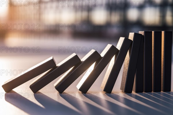 Identical black bricks cascading in warm light with urban blur. Concept of structure, uniformity,